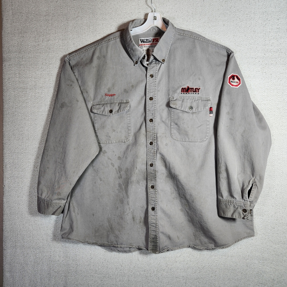 Walls FR 4XL Gray Workwear Button-Up Shirt Motley Embroidery Stains See Pics